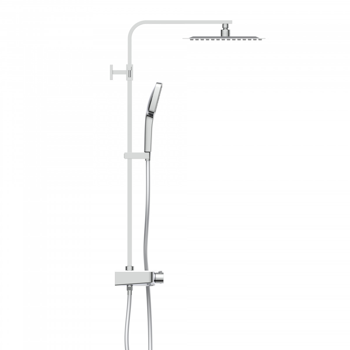 Duschsystem mit eckiger Kopfbrause, Handbrause, Thermostat und verstellbarer Wandstange aus Metall.