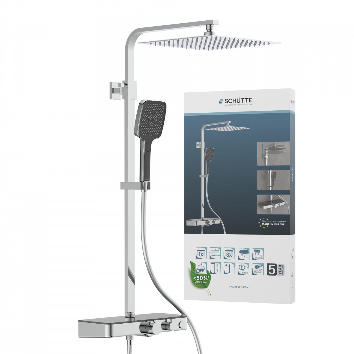 Duschsystem mit quadratischem Regenbrausekopf, Handbrause, Thermostat mit Ablage und Verpackung im Hintergrund.