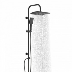 Schwarzes Duschsystem mit quadratischer Kopfbrause und Handbrause, Wasserstrahl aktiv
