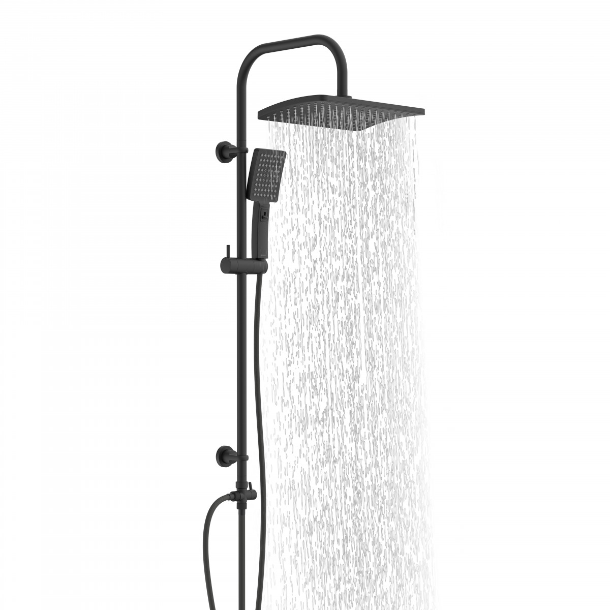 Schwarzes Duschsystem mit quadratischer Kopfbrause und Handbrause, Wasserstrahl aktiv