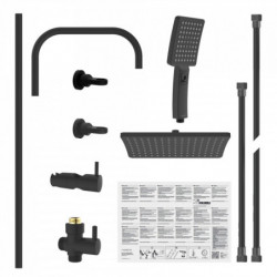 Schwarzes Duschsystem mit Kopfbrause, Handbrause, Arm, Mischer und Schlauch.