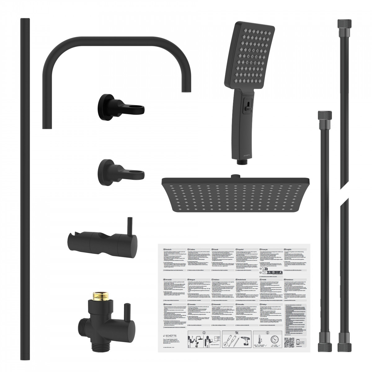 Schwarzes Duschsystem mit Kopfbrause, Handbrause, Arm, Mischer und Schlauch.