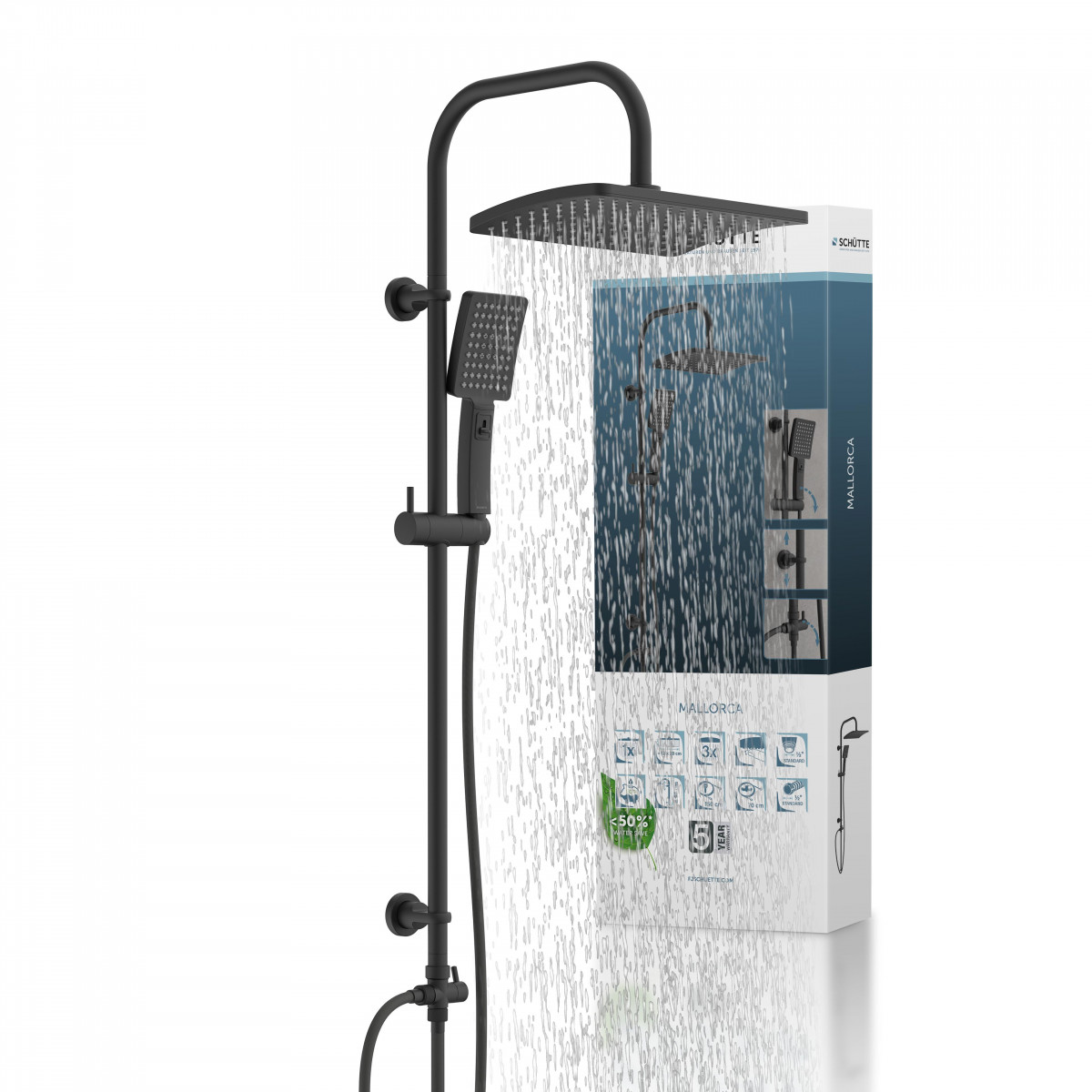 Schwarzes Duschsystem mit quadratischer Kopfbrause und Handbrause, Wasserstrahl sichtbar