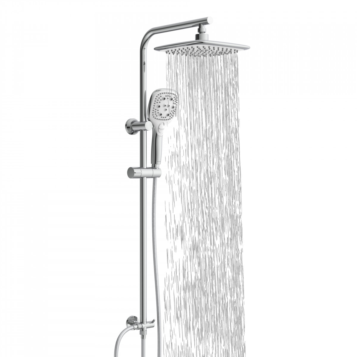 Chrom-Duschsystem mit Kopfbrause, Handbrause und laufendem Wasserstrahl