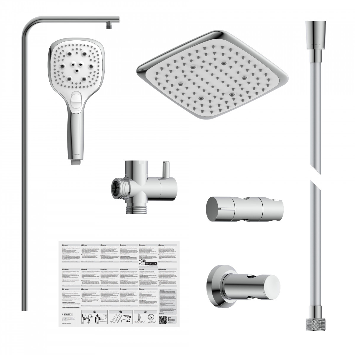 Duschset mit quadratischer Kopf- und Handbrause, Stange, Schlauch und Umsteller