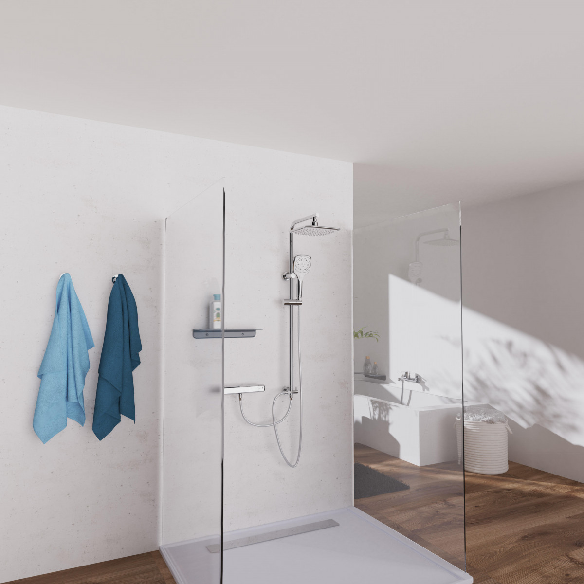 Glas-Duschkabine mit Duschsystem, Hand- und Kopfbrause im Badezimmer