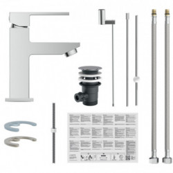Einzelteile eines Waschbeckenarmaturen-Sets mit Mischbatterie, Ablaufgarnitur, Schläuchen und Zubehör.