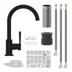 Schwarze Küchenarmatur mit gebogenem Auslauf, Hebel und Montageset.