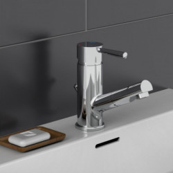 Chromfarbener Einhebel-Wasserhahn mit seitlichem Griff und Rot-Blau-Markierung