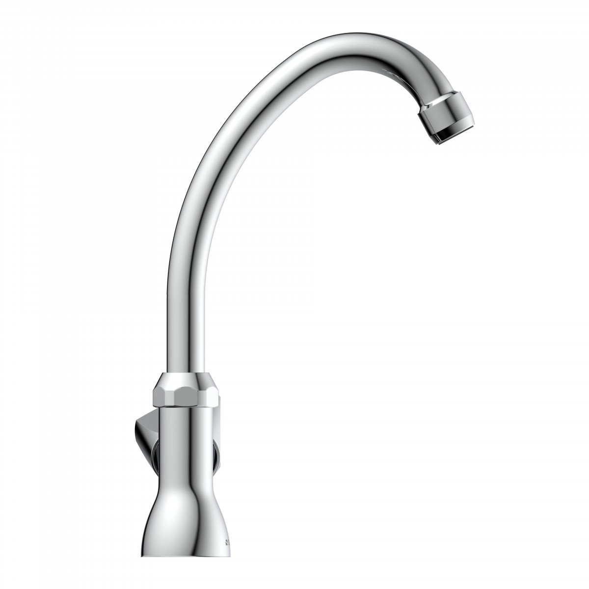 Verchromter Wasserhahn mit hohem, gebogenem Auslauf und Strahlregler.