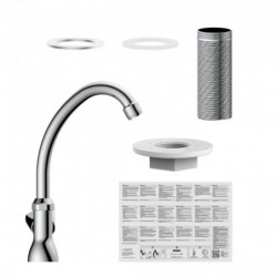 Gebogener Wasserhahn-Auslauf mit Gewinderohr, Dichtungen und Montageflansch.