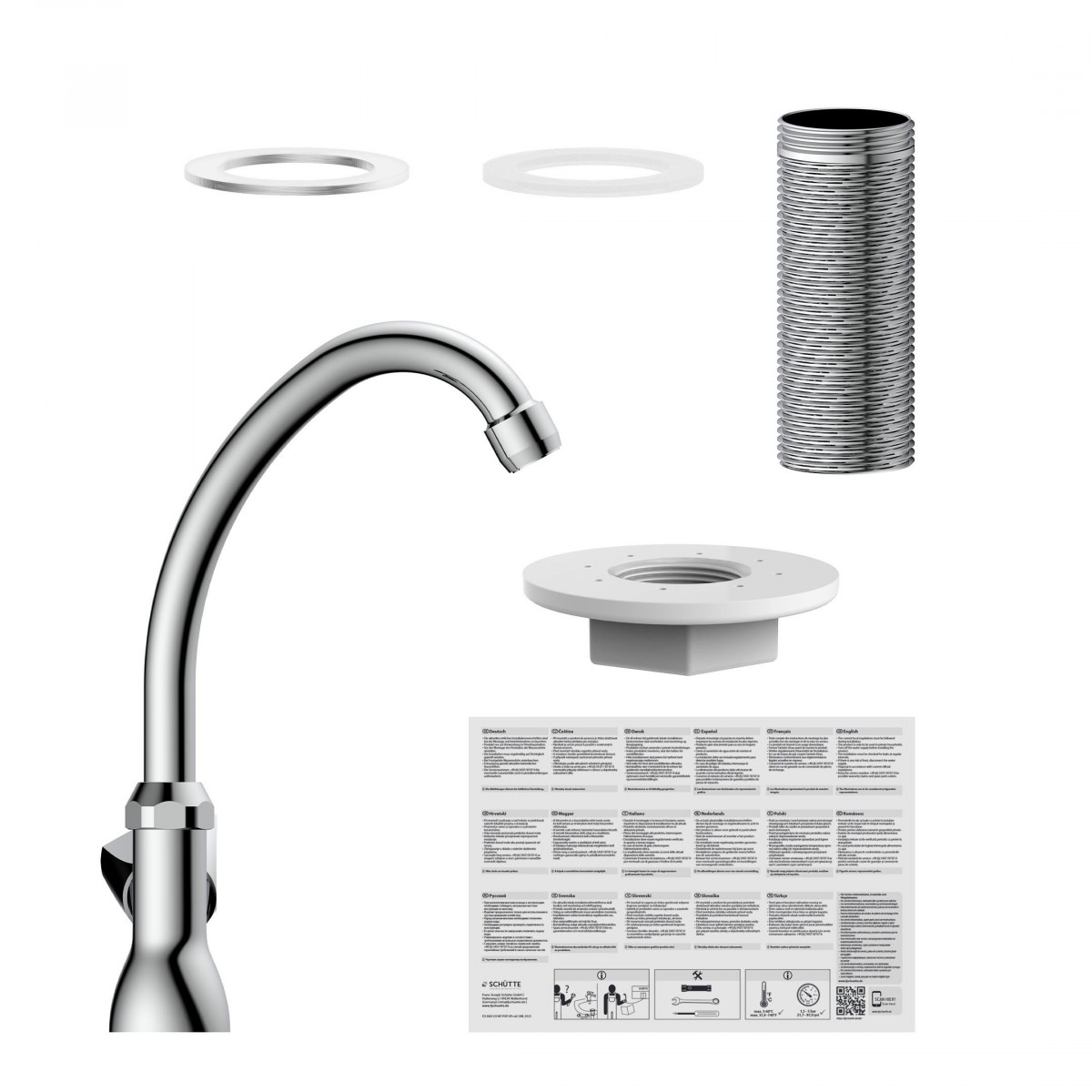 Gebogener Wasserhahn-Auslauf mit Gewinderohr, Dichtungen und Montageflansch.