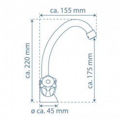 Technische Zeichnung einer gebogenen Wandarmatur mit Maßen ca. 220 x 155 x 175 mm, Ø 45 mm