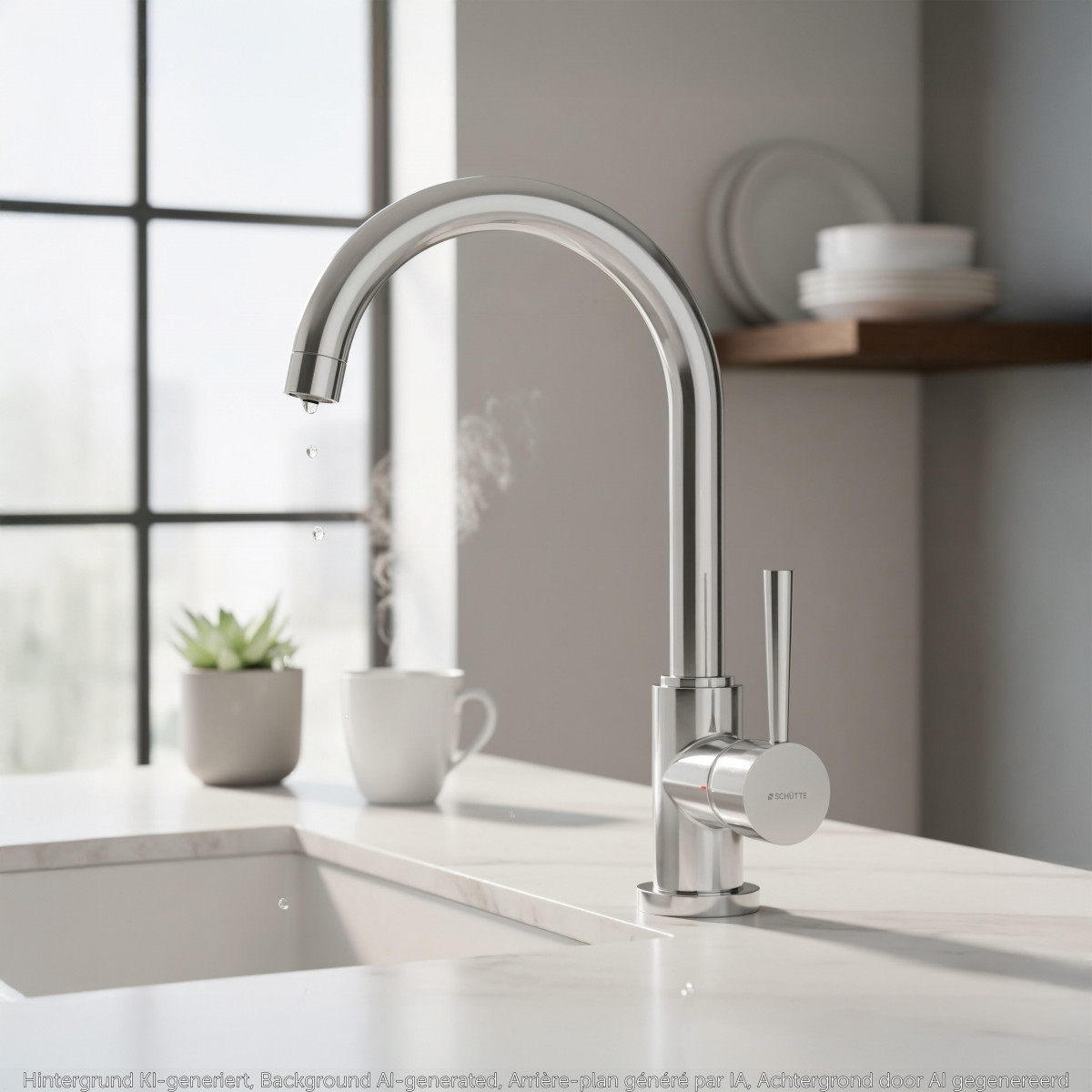 Chromfarbene Küchenarmatur mit hohem Auslauf über einer Spüle, Wassertropfen sichtbar.
