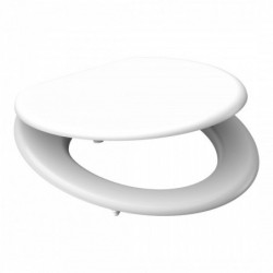 Weißer Toilettensitz mit geschlossenem Deckel in ovaler Form.