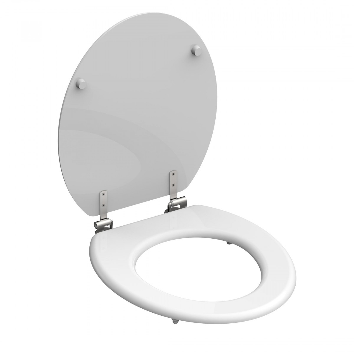 Weißer Toilettensitz mit geöffnetem Deckel und Metall-Scharnieren.