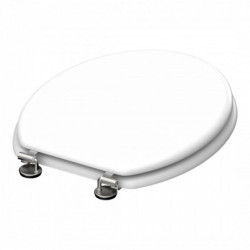 Weißer WC-Sitz mit geschlossenem Deckel und Metallscharnieren.