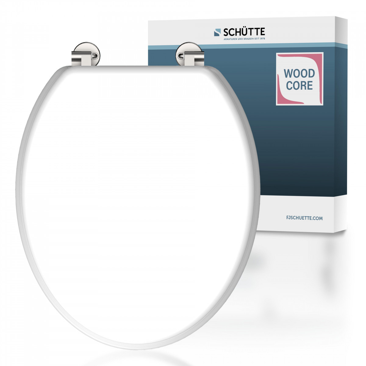 Weißer WC-Sitz mit ovalem Deckel und Metall-Scharnieren, Verpackung im Hintergrund.