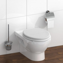 Verchromter Toilettenpapierhalter mit Deckel an gefliester Wand neben WC.