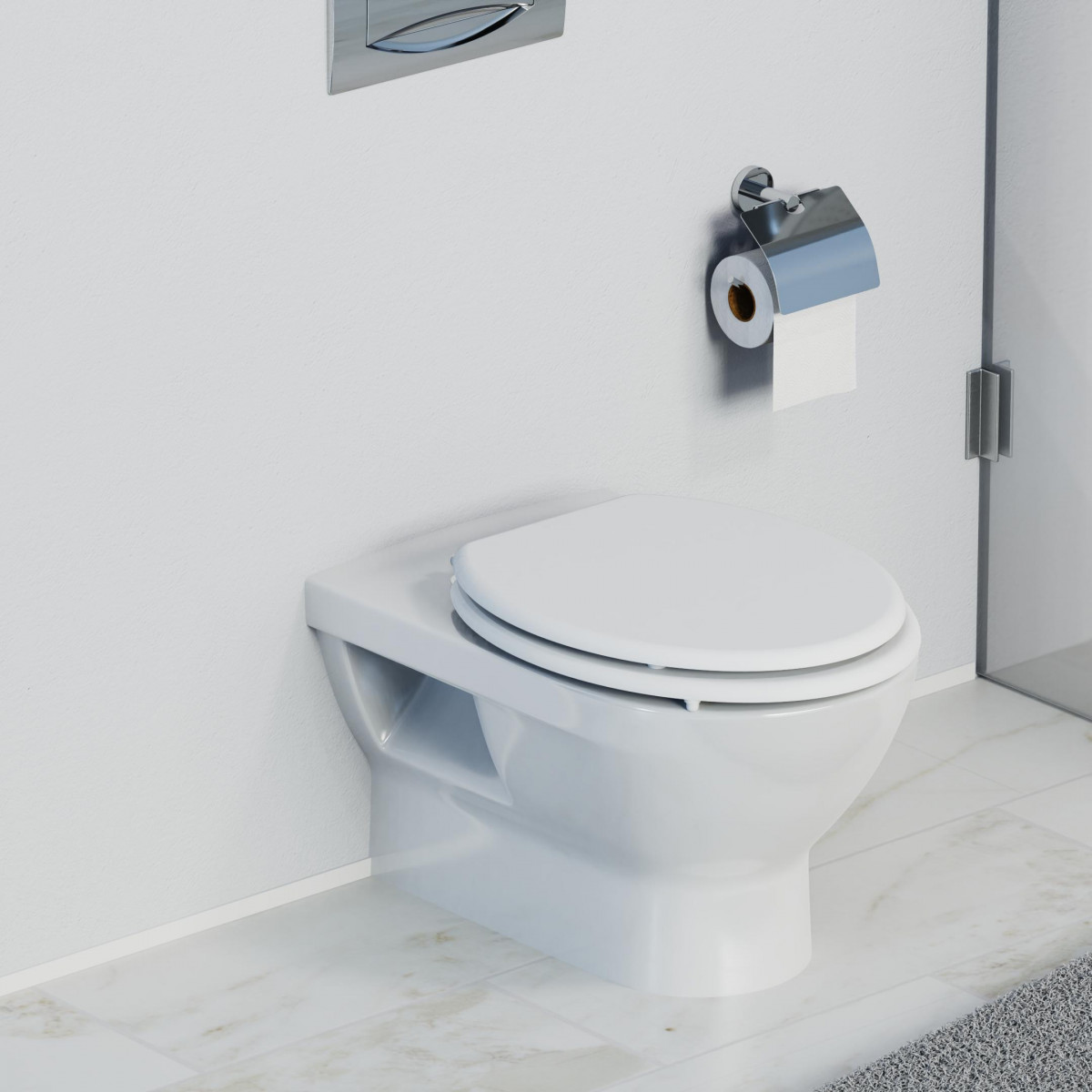 Wandmontierter Toilettenpapierhalter mit Deckel neben einem Hänge-WC an weißer Wand