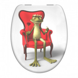 WC-Sitz mit Motiv eines grünen Froschs mit Krone auf rotem Sessel mit Rose und Ring in den Händen