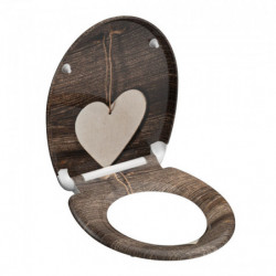 Brauner Toilettensitz mit Holzoptik und hellem Herzmotiv am Deckel.