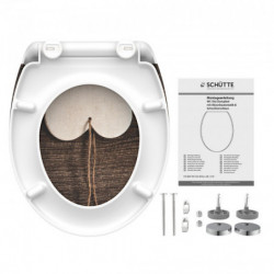 Weißer WC-Sitz mit Herz in Holzoptik, Montagematerial und Anleitung von Schütte.