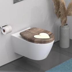Wandhängendes WC mit Holzsitz und hellem Herzmotiv, daneben Toilettenpapierhalter.