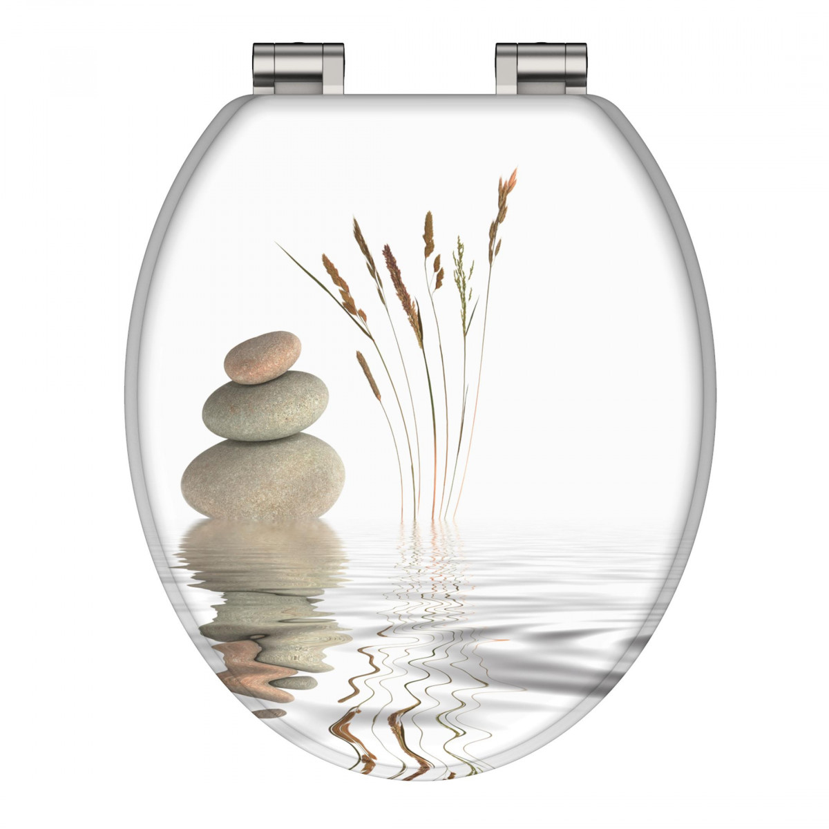 Transparente ovale Glasvase zum Aufhängen mit Wasser, drei Steinen und Grashalmen.