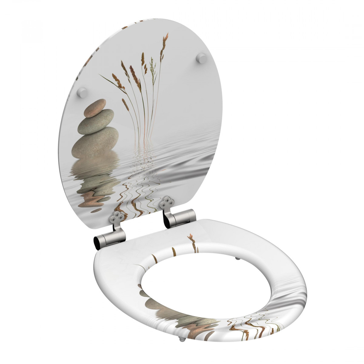 Weißer WC-Sitz mit Deckel, bedruckt mit Steinen, Gräsern und Wasserwellen.