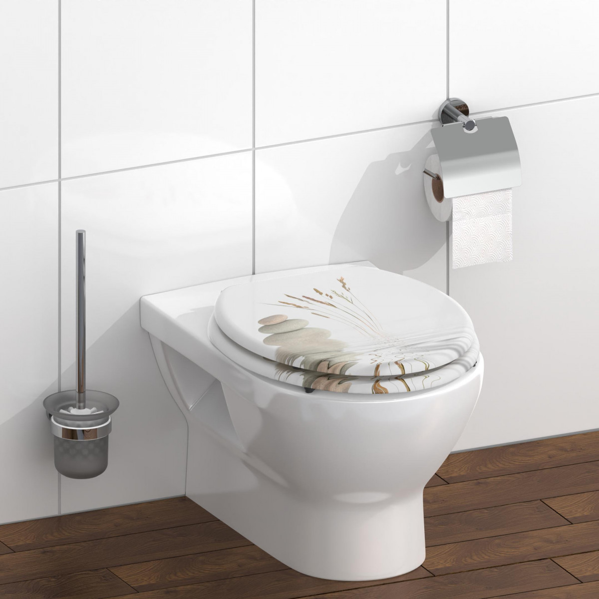 Toilettensitz mit Motiv aus Steinen und Gräsern auf einem weißen WC im Badezimmer.