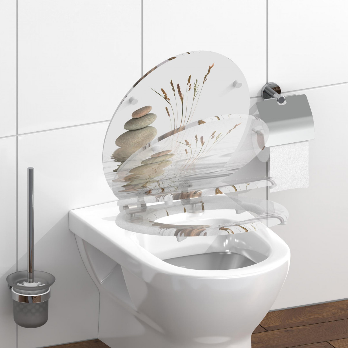WC-Sitz mit Deckel, Gras- und Steinmotiv, auf weißem WC in mehreren Positionen dargestellt.