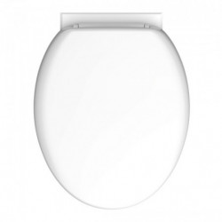 Weißer WC-Sitz mit geschlossenem Deckel und sichtbaren Scharnieren.
