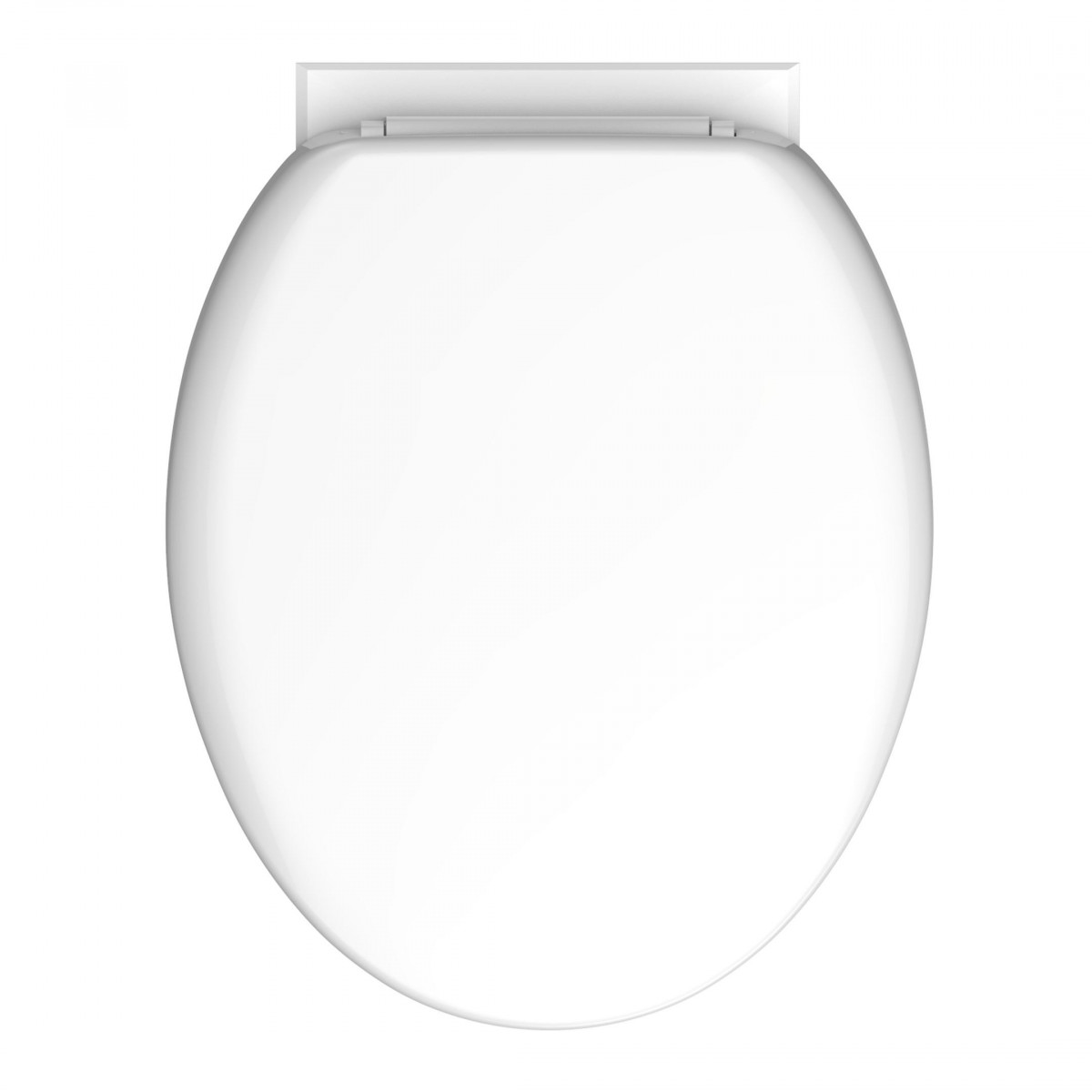 Weißer WC-Sitz mit geschlossenem Deckel und sichtbaren Scharnieren.