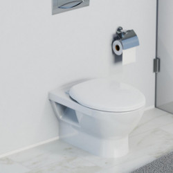 Wandhängendes WC mit geschlossenem Deckel und Toilettenpapierhalter aus Metall.