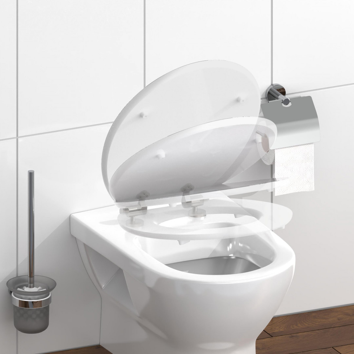 Wandmontierter Toilettenpapierhalter mit transparenter Schutzklappe über einem weißen WC.