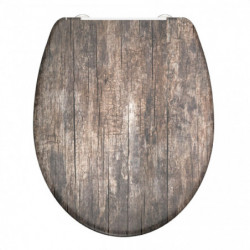 WC-Sitz mit Holzplanken-Dekor und sichtbaren Metallscharnieren