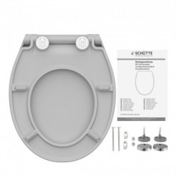 Grauer WC-Sitz von unten mit Montageset und bebilderter Anleitung daneben.