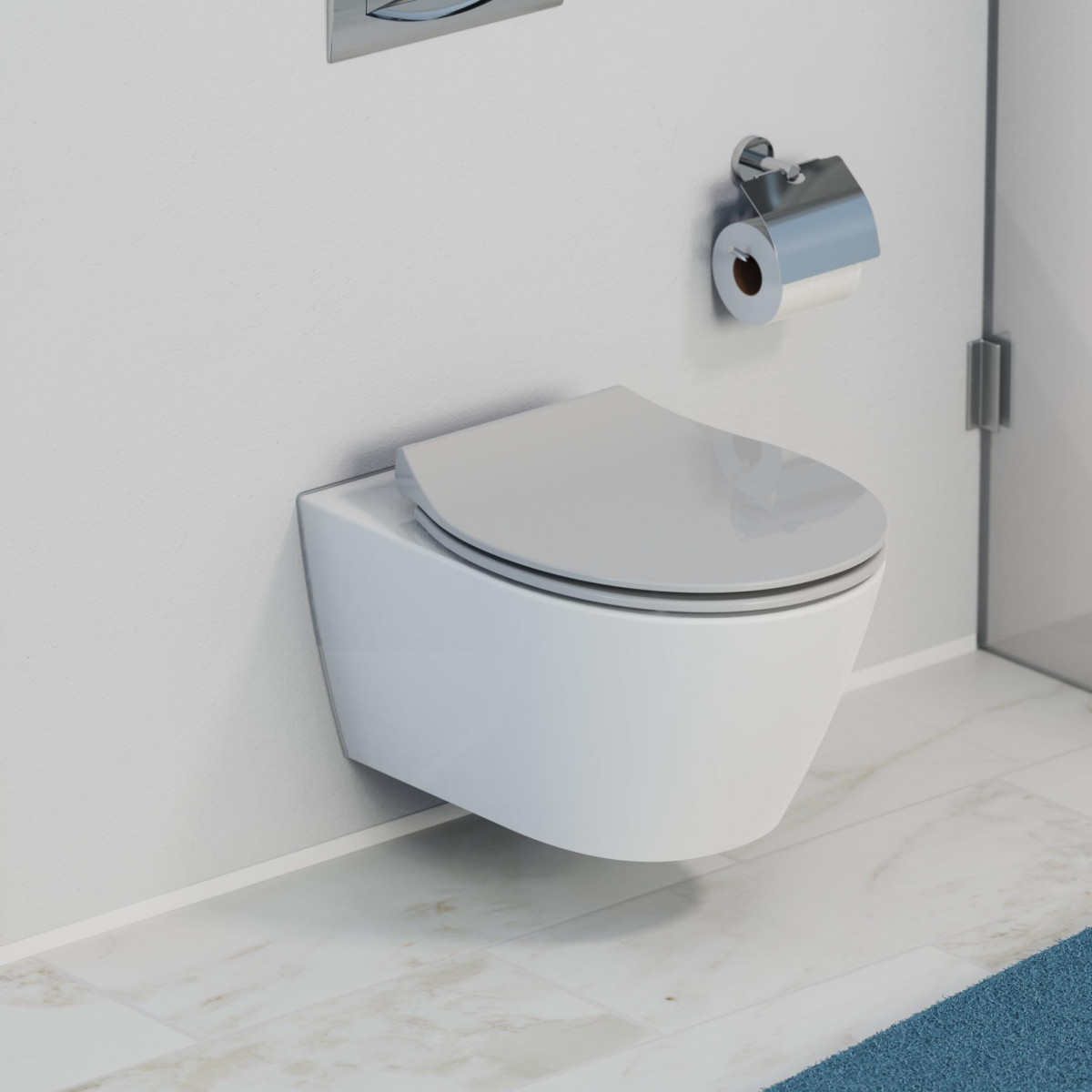 Wandhängendes WC mit geschlossenem Deckel neben Toilettenpapierhalter an Fliesenwand.