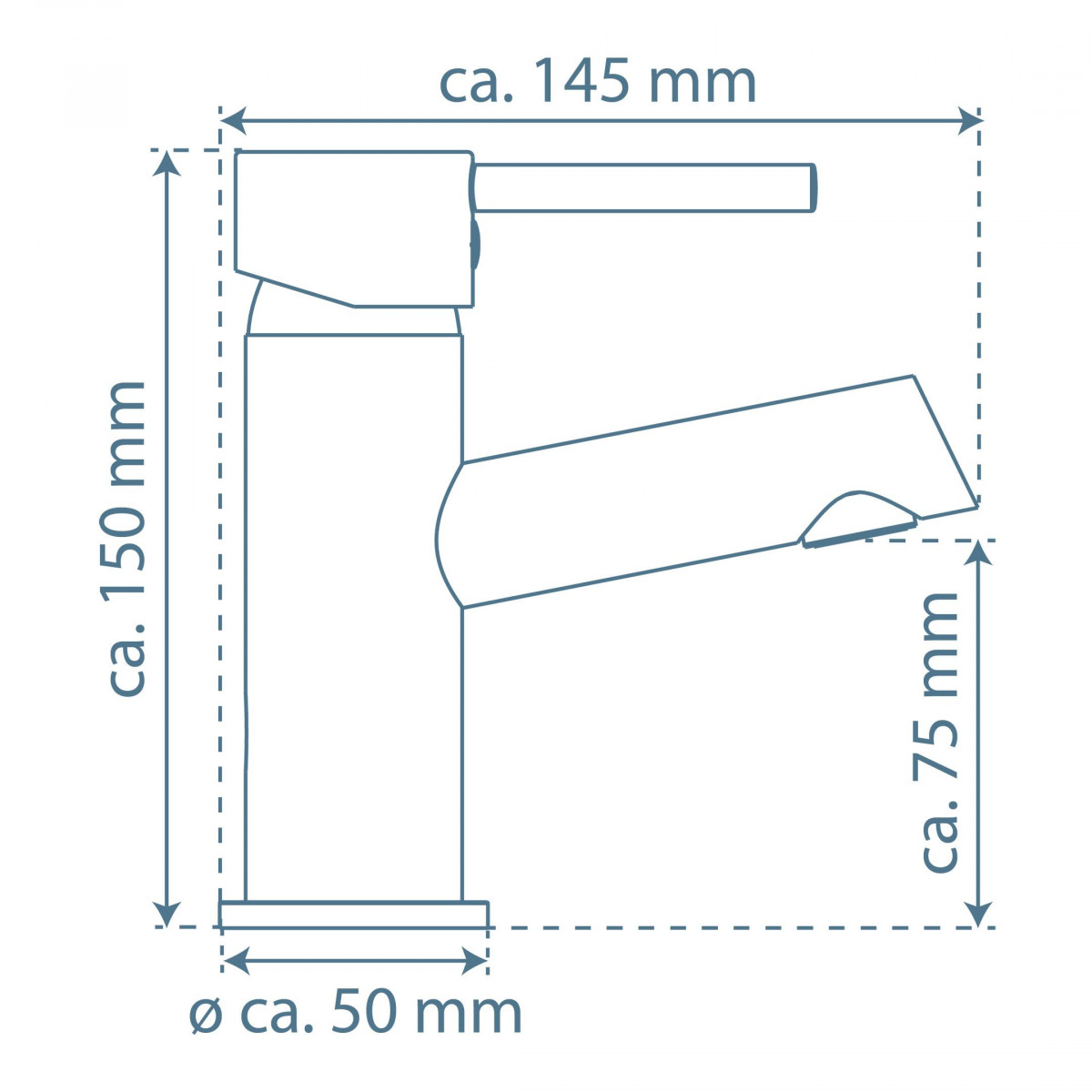 Technische Zeichnung einer Armatur mit Höhe ca. 150 mm und Sockel Ø 50 mm.