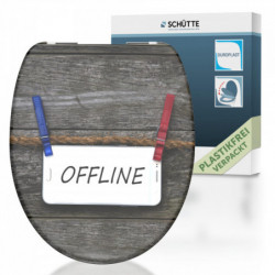 WC-Sitz mit Holzoptik und Tablet-Motiv mit Schriftzug „OFFLINE“