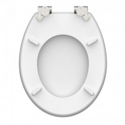 Weißer WC-Sitz in ovaler Form mit sichtbaren Scharnieren und vier Auflagepunkten.