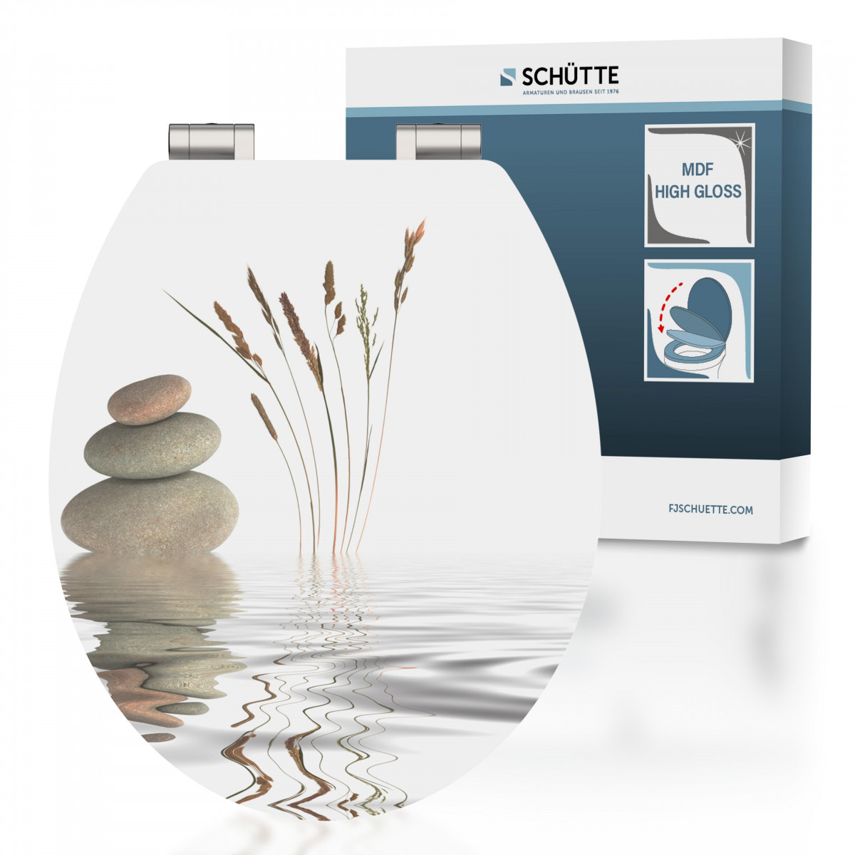 Toilettensitz mit Motiv aus gestapelten Steinen und Gräsern im Wasserreflex - Schütte MDF High Gloss