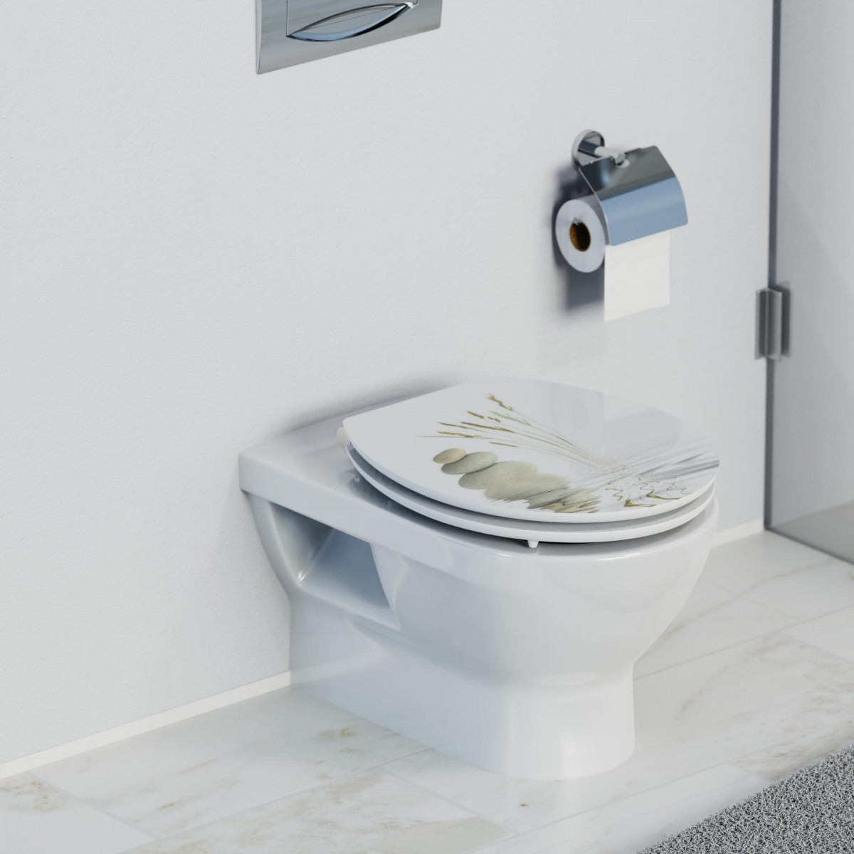 Wandhängendes WC mit geschlossenem Toilettendeckel und Pflanzenmotiv, daneben Halter mit Papierrolle.