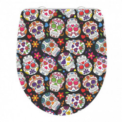 Toilettendeckel mit buntem Totenkopf- und Blumenmuster auf schwarzem Grund