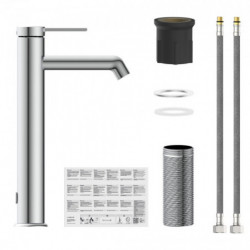 Waschtischarmatur aus Metall mit Hebel sowie Schläuchen und Montageset