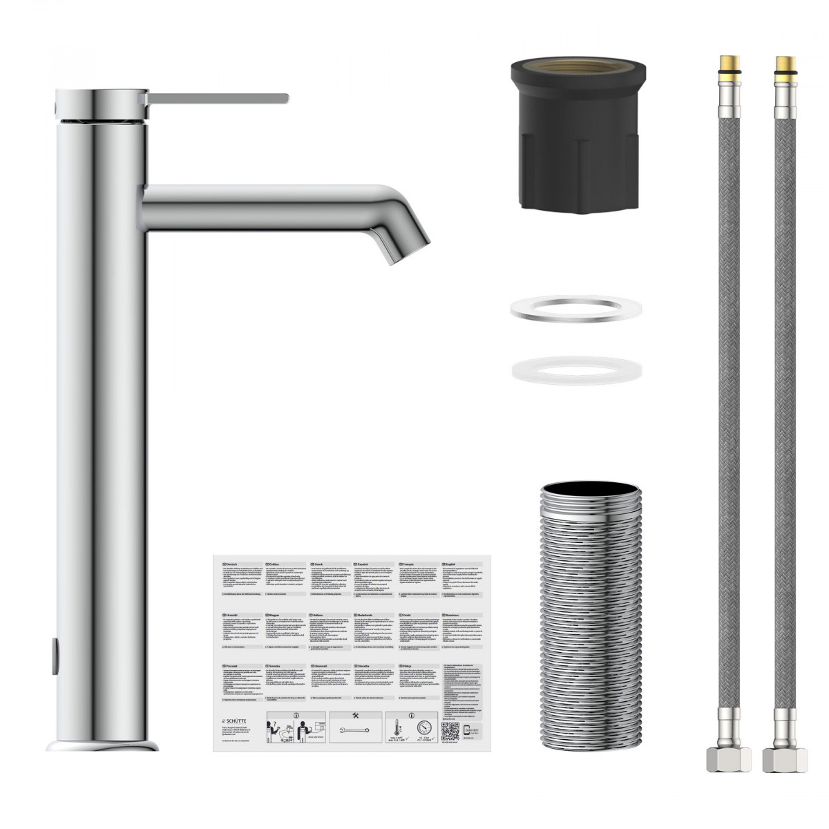 Waschtischarmatur aus Metall mit Hebel sowie Schläuchen und Montageset