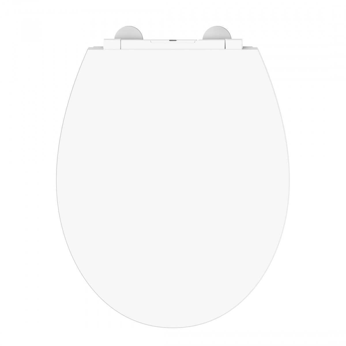 Weißer ovaler Toilettensitz mit sichtbarem Scharnierbereich oben.