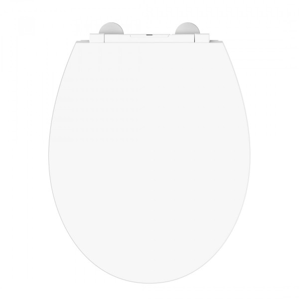 Weißer ovaler Toilettensitz mit sichtbarem Scharnierbereich oben.