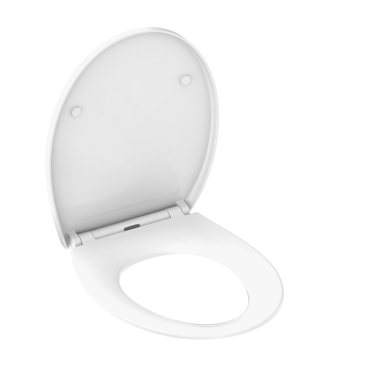 Weißer WC-Sitz mit geöffnetem Deckel und sichtbaren Scharnieren.